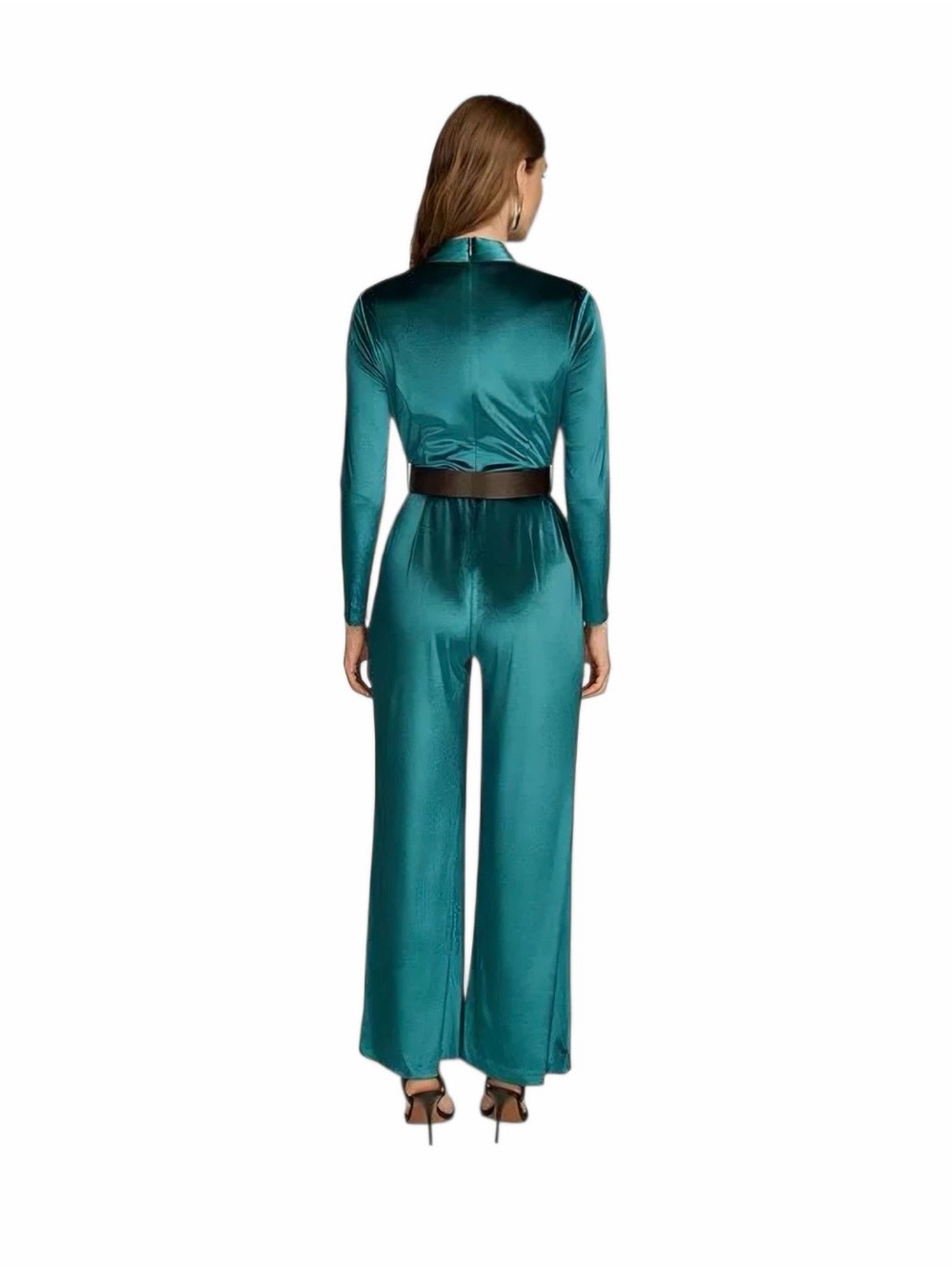 Donna Karan Teal velvet Wrap-Front Wide-Leg Jumpsuit - Picture 7 of 9